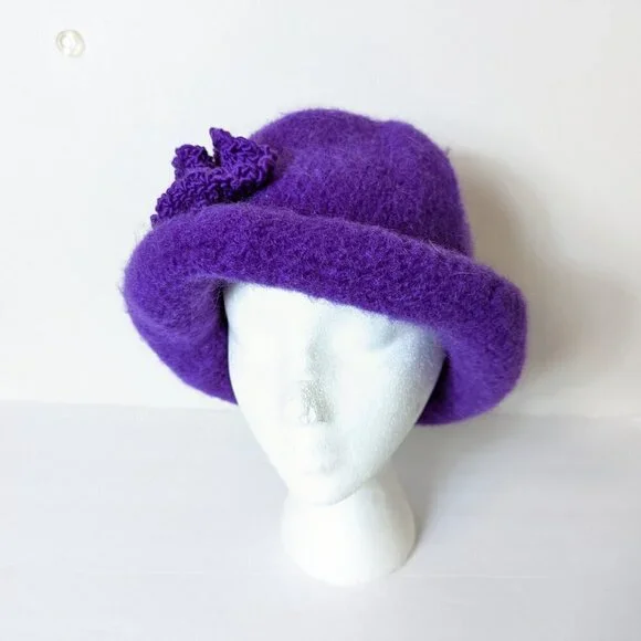 Handmade Boho Bucket Hat Knit Flower Curled Brim Purple Retro‎ Old Timey Vintage - Picture 3 of 7